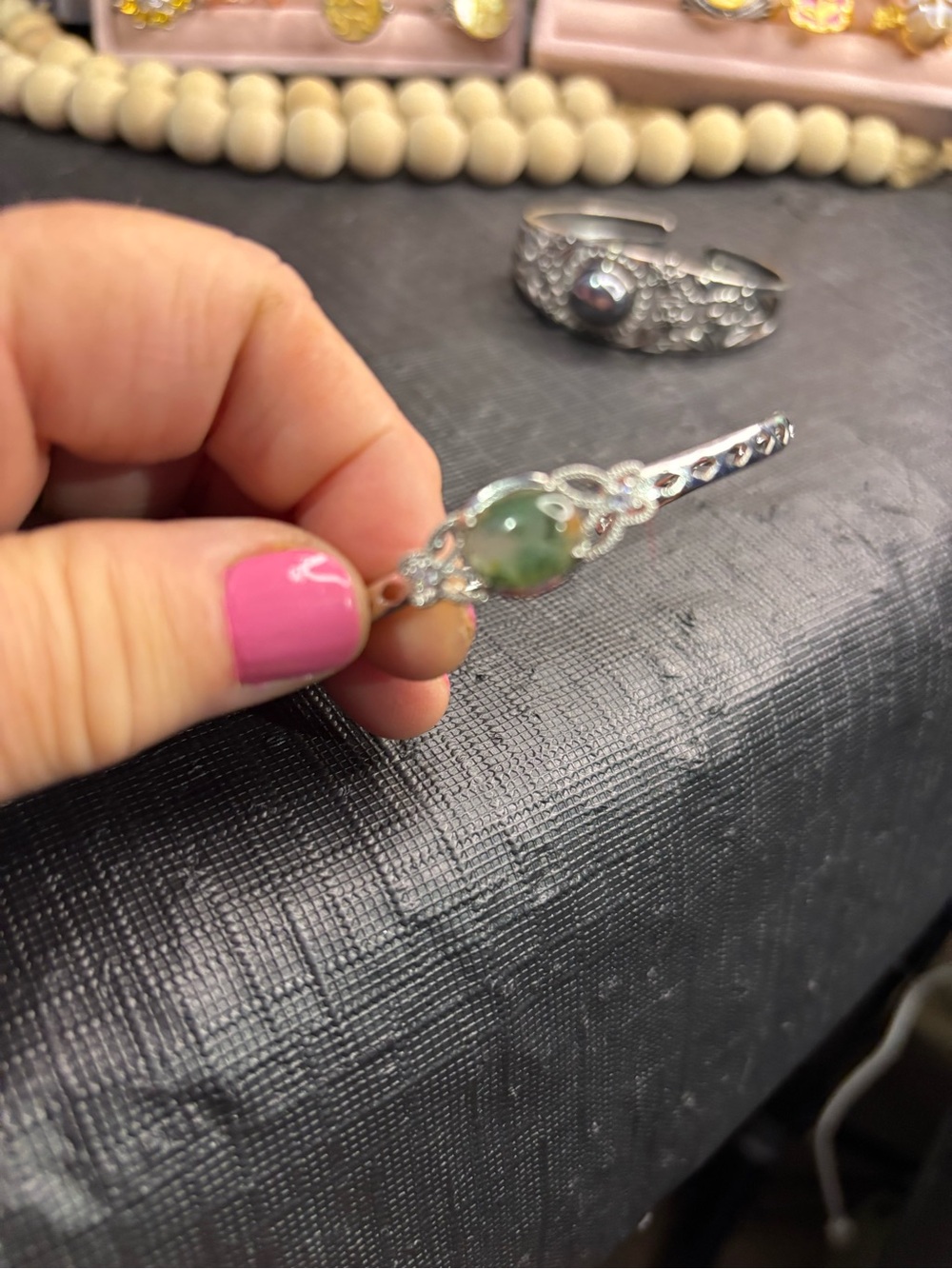 Sterling Silver Green Gemstone Filigree Bracelet - Unbranded